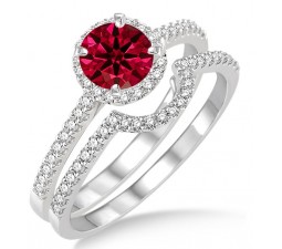 2 Carat Ruby & Diamond Halo Bridal Set Engagement Ring  on 10k White Gold