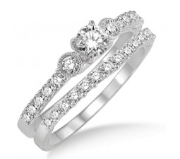 1.00 Carat Antique Three Stone Bridal Set with Round Cut Diamond in 10k White Gold