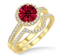 2 Carat Ruby & Diamond Halo Bridal Set Engagement Ring on 10k Yellow Gold