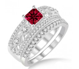 1.5 Carat Ruby & Diamond Antique Bridal Set Engagement Ring on 10k White Gold