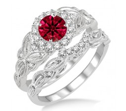 1.25 Carat Ruby & Diamond Vintage floral Bridal Set Engagement Ring  on 10k White Gold