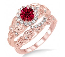 1.25 Carat Ruby & Diamond Vintage floral Bridal Set Engagement Ring on 10k Rose Gold