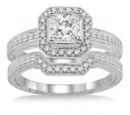 2.00 carat Antique Halo Bridal set with Princess Cut diamond in 10k Rose Gold