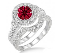 1.5 Carat Ruby & Diamond Antique Halo Bridal Set Engagement Ring  on 10k White Gold