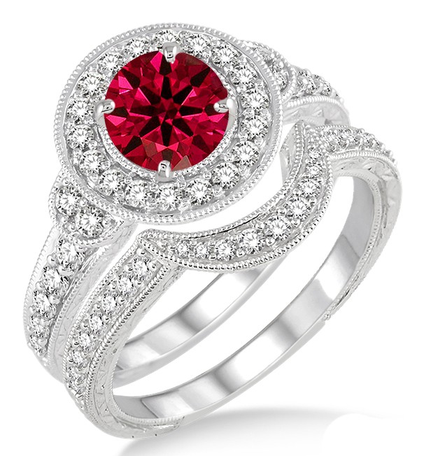 1 5 Carat Ruby Diamond Antique Halo Bridal  Set  