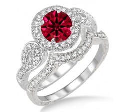 1.5 Carat Ruby & Diamond Antique Halo Bridal Set Engagement Ring  on 10k White Gold