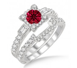 1.5 Carat Ruby & Diamond Vintage floral Bridal Set Engagement Ring  on 10k White Gold