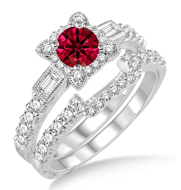 1.5 Carat Ruby & Diamond Vintage floral Bridal Set Engagement Ring on ...
