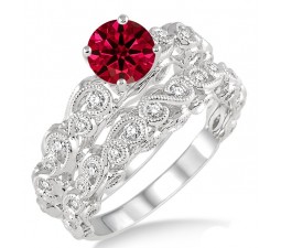 1.25 Carat Ruby & Diamond Infinity Antique Bridal setround cut diamond on 10k White Gold