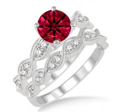 1.5 Carat Ruby & Diamond inertwined Bridal setRound cut diamond on 10k White Gold
