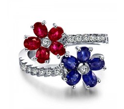 Ruby, Sapphire and Diamond Engagement Ring on 10k White Gold