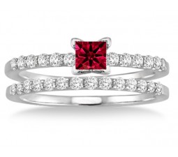 1.25 Carat Ruby & Diamond Bridal Set  on 10k White Gold