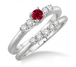 1.25 Carat Ruby & Diamond Inexpensive Bridal Set  on 10k White Gold