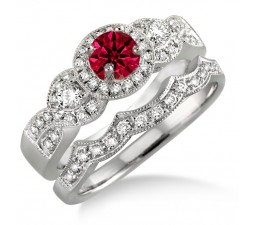 1.5 Carat Ruby & Diamond Halo Bridal Set  on 10k White Gold