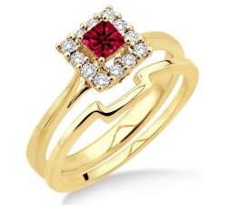 1.25 Carat Ruby & Diamond Bridal set Halo  on 10k Yellow Gold