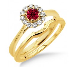 1.25 Carat Ruby & Diamond Bridal set Halo  on 10k Yellow Gold