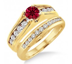 1.25 Carat Ruby & Diamond Bridal Set  on 10k Yellow Gold
