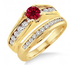 1.25 Carat Ruby & Diamond Bridal Set  on 10k Yellow Gold
