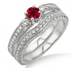 1.5 Carat Ruby & Diamond Antique Bridal set  on 10k White Gold