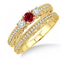 2 Carat Ruby & Diamond Antique Milgrain Bridal set  on 10k Yellow Gold