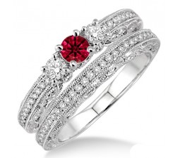 2 Carat Ruby & Diamond Antique Bridal set  on 10k White Gold