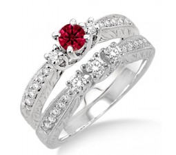 1.5 Carat Ruby & Diamond Antique Bridal set  on 10k White Gold