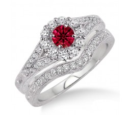 1.5 Carat Ruby & Diamond Antique Floral Bridal set  on 10k White Gold