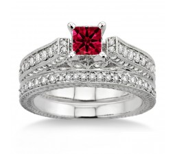 2 Carat Ruby & Diamond 2.10 Carat Ruby & Diamond Antique Bridal Set Engagement Ring  on 10k White Gold