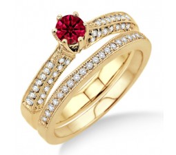 2 Carat Ruby & Diamond Antique Bridal Set Engagement Ring on 10k Yellow Gold