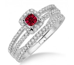 2 Carat Ruby & Diamond Bridal Set two row halo  on 10k Yellow Gold