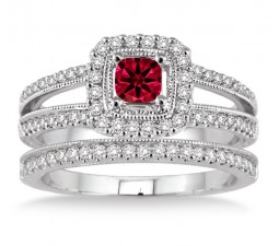 2 Carat Ruby & Diamond Antique Bridal set Halo Ring  on 10k White Gold