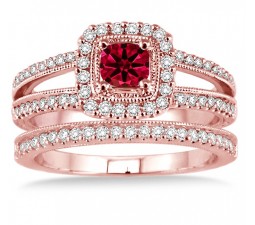 2 Carat Ruby & Diamond Antique Bridal set Halo Ring on 10k Rose Gold
