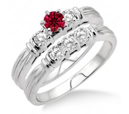 1.25 Carat Ruby & Diamond Three Stone Bridal Set  on 10k White Gold