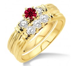 1.25 Carat Ruby & Diamond Three Stone Bridal Set  on 10k Yellow Gold