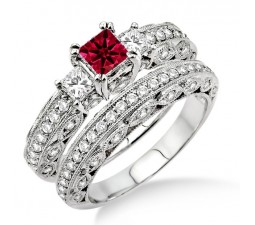 2 Carat Ruby & Diamond Antique Milgrain Trilogy Bridal set  on 10k White Gold