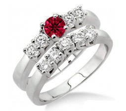 1.5 Carat Ruby & Diamond Five Stone Bridal Set  on 10k White Gold
