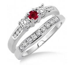 2 Carat Ruby & Diamond Elegant Three Stone Trilogy Round Cut Bridal set on 10k White Gold