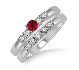 1.25 Carat Ruby & Diamond Elegant 5 stone Bridal Set  on 10k White Gold