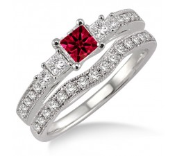 1.5 Carat Ruby & Diamond Antique Bridal set Halo Ring  on 10k White Gold