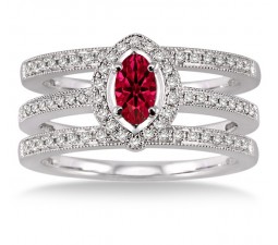 2 Carat Ruby & Diamond Antique Trio set Halo Ring  on 10k White Gold