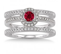 2 Carat Ruby & Diamond  Trio set Halo Ring  on 10k White Gold