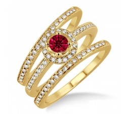 2 Carat Ruby & Diamond  Trio set Halo Ring  on 10k Yellow Gold