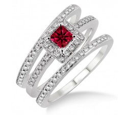 2 Carat Ruby & Diamond  Trio set Halo Ring  on 10k White Gold