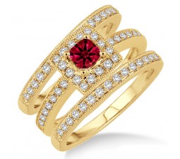 2 Carat Ruby & Diamond  Trio set Halo Ring with Princes Cut diamond on 10k Yellow Gold