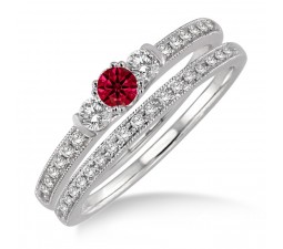 1.5 Carat Ruby & Diamond  Three Stone Bridal Set  on 10k White Gold