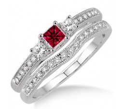 1.5 Carat Ruby & Diamond  Three Stone Bridal Set  on 10k White Gold