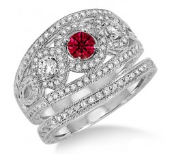 2 Carat Ruby & Diamond  Trilogy set Ring  on 10k White Gold