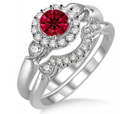 1.25 Carat Ruby & Diamond Antique Three Stone Flower Halo Bridal Set  on 10k White Gold