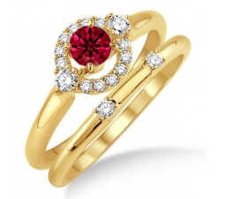1.25 Carat Ruby & Diamond Elegant Flower Halo Bridal Set  on 10k Yellow Gold