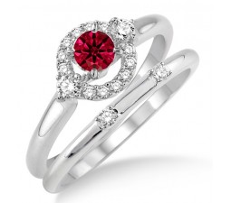 1.25 Carat Ruby & Diamond Elegant Flower Halo Bridal Set  on 10k White Gold